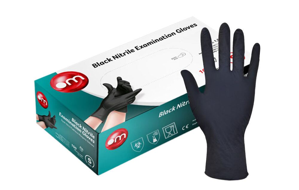 OM Healthcare Nitrilhandschuhe schwarz – lebensmittelechte, puderfreie Einmalhandschuhe aus Nitril, latexfrei, 100 Stück in der Spenderbox