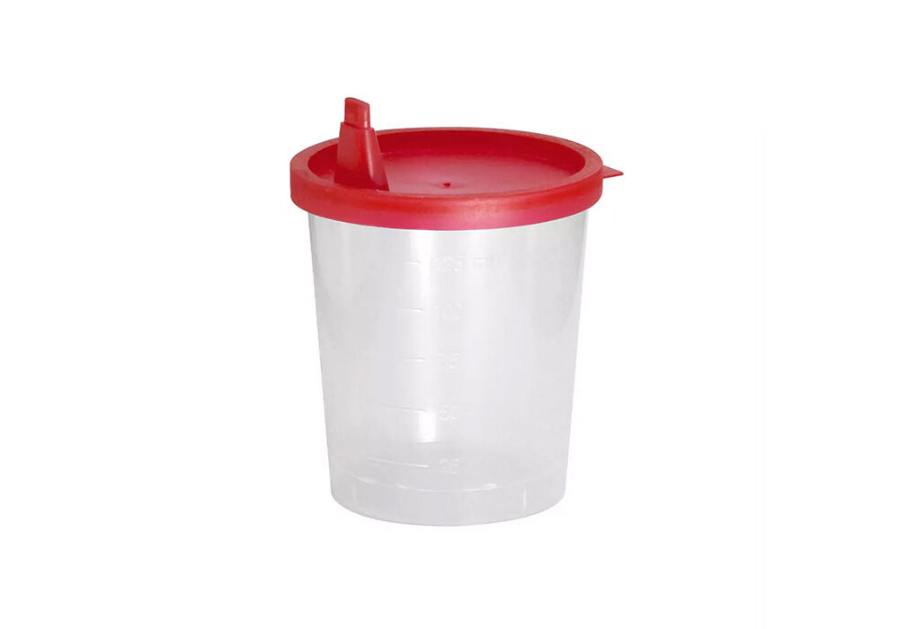 PP Urinsammelbehälter mit rotem Schnappdeckel- 125 ml